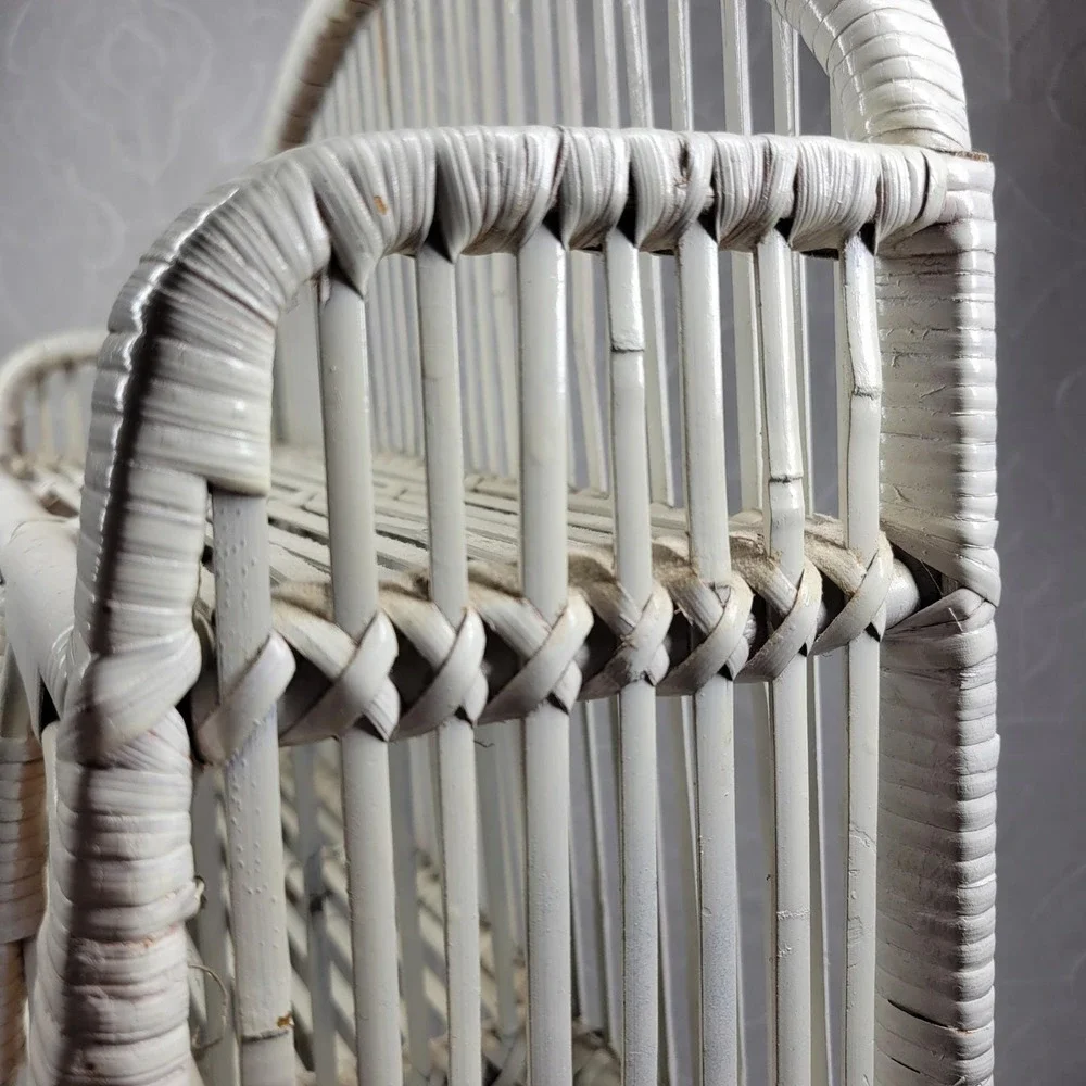 VTG Wrapped Rattan Wicker Shelf White Arched 3 Tier Boho Storage Cabinet